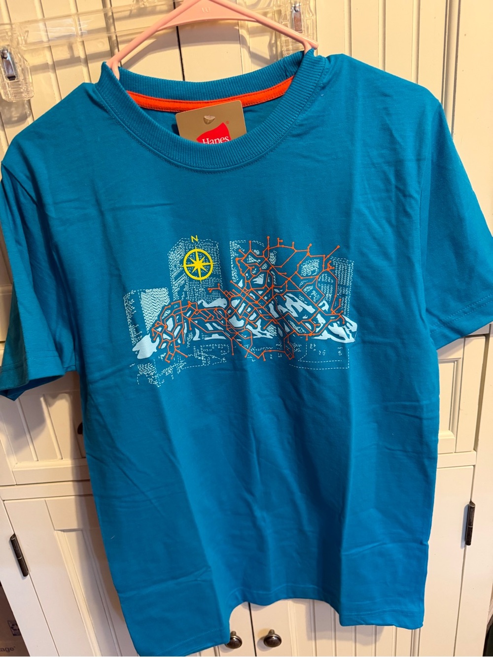 Hanes Teal Short-Sleeve Tee with Orange Route Graphic and Yellow Compass